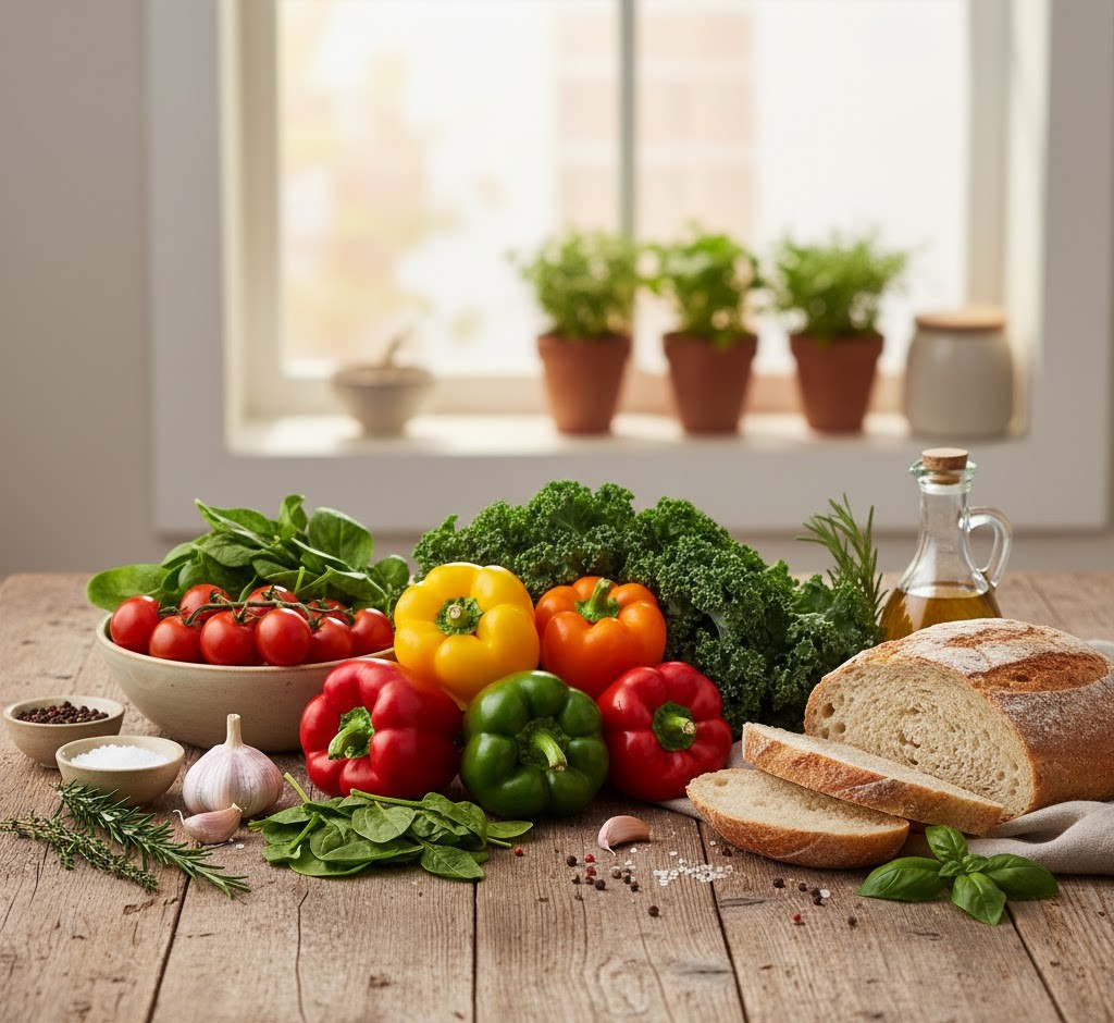Свежи зеленчуци, билки и хранителни съставки красиво подредени на дървена маса, представляващи здравословни кулинарни традиции и балансирано готвене